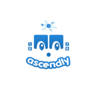 Ascendly logo science-like face made of blocks and number and atom-hair the word Ascendly making up the mouth